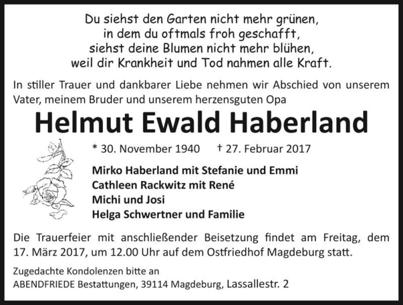  Traueranzeige für Helmut Ewald Haberland  vom 11.03.2017 aus Magdeburger Volksstimme