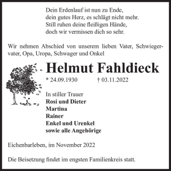 Traueranzeige von Helmut Fahldieck  von Magdeburger Volksstimme