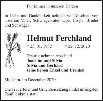 Traueranzeige von Helmut Ferchland  von Magdeburger Volksstimme