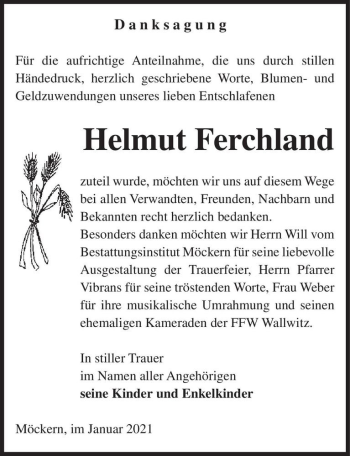 Traueranzeige von Helmut Ferchland  von Magdeburger Volksstimme