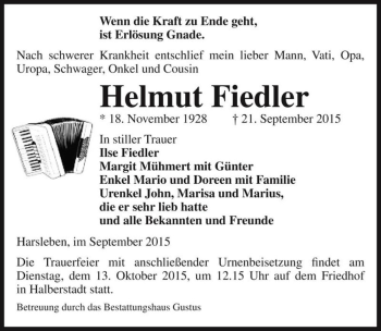 Traueranzeige von Helmut Fiedler  von Magdeburger Volksstimme