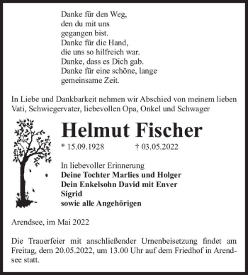 Traueranzeige von Helmut Fischer  von Magdeburger Volksstimme