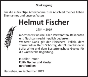 Traueranzeige von Helmut Fischer  von Magdeburger Volksstimme