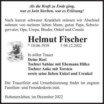 Traueranzeige von Helmut Fischer  von Magdeburger Volksstimme