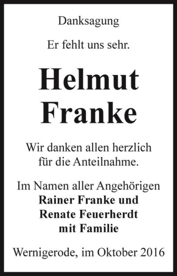 Traueranzeige von Helmut Franke  von Magdeburger Volksstimme