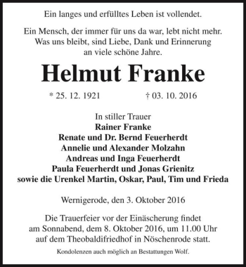 Traueranzeige von Helmut Franke  von Magdeburger Volksstimme