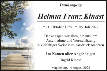 Traueranzeige von Helmut Franz Kinast  von Magdeburger Volksstimme
