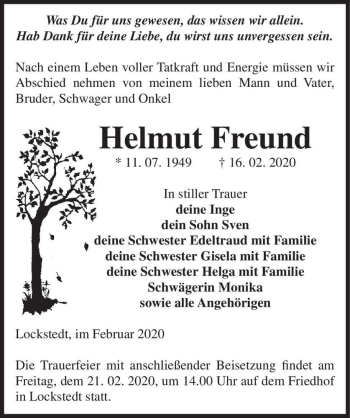 Traueranzeige von Helmut Freund  von Magdeburger Volksstimme