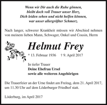 Traueranzeige von Helmut Frey  von Magdeburger Volksstimme