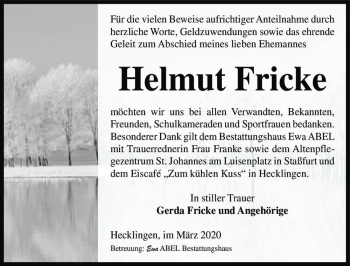 Traueranzeige von Helmut Fricke  von Magdeburger Volksstimme