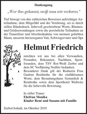 Traueranzeige von Helmut Friedrich  von Magdeburger Volksstimme