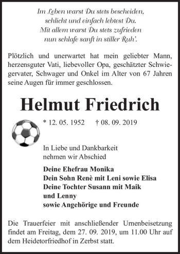 Traueranzeige von Helmut Friedrich  von Magdeburger Volksstimme
