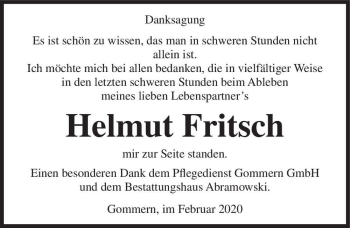 Traueranzeige von Helmut Fritsch  von Magdeburger Volksstimme
