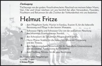 Traueranzeige von Helmut Fritze  von Magdeburger Volksstimme