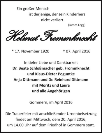 Traueranzeige von Helmut Frommknecht  von Magdeburger Volksstimme