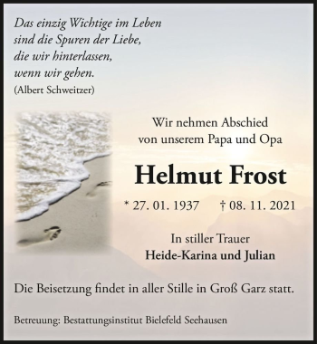 Traueranzeige von Helmut Frost  von Magdeburger Volksstimme