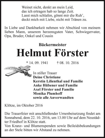 Traueranzeige von Helmut Förster  von Magdeburger Volksstimme