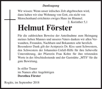 Traueranzeige von Helmut Förster  von Magdeburger Volksstimme