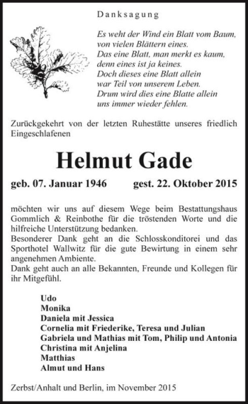 Traueranzeige von Helmut Gade  von Magdeburger Volksstimme