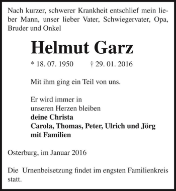 Traueranzeige von Helmut Garz  von Magdeburger Volksstimme