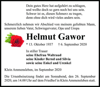 Traueranzeige von Helmut Gawor  von Magdeburger Volksstimme