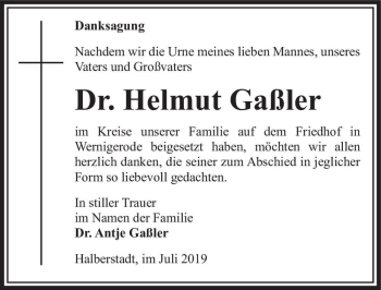 Traueranzeige von Helmut Gaßler  von Magdeburger Volksstimme