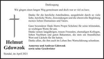 Traueranzeige von Helmut Gdowzok  von Magdeburger Volksstimme