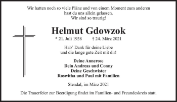 Traueranzeige von Helmut Gdowzok  von Magdeburger Volksstimme