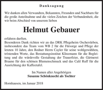 Traueranzeige von Helmut Gebauer  von Magdeburger Volksstimme