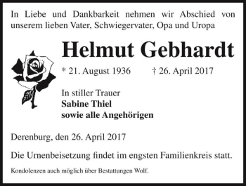 Traueranzeige von Helmut Gebhardt  von Magdeburger Volksstimme