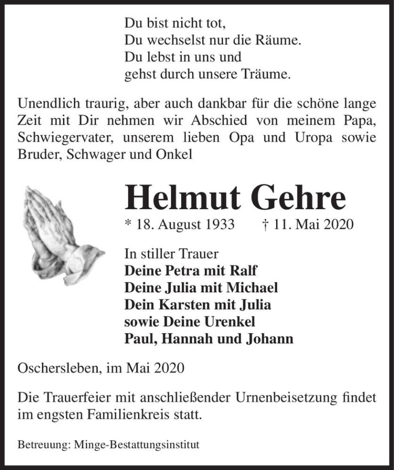  Traueranzeige für Helmut Gehre  vom 19.05.2020 aus Magdeburger Volksstimme