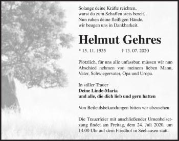 Traueranzeige von Helmut Gehres  von Magdeburger Volksstimme