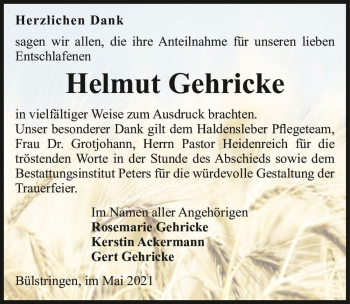 Traueranzeige von Helmut Gehricke  von Magdeburger Volksstimme