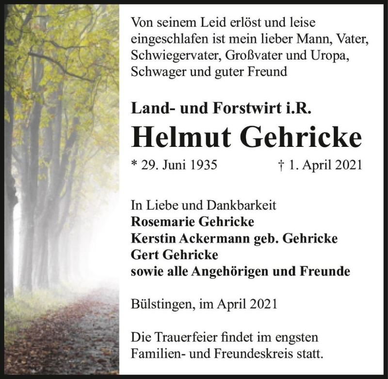  Traueranzeige für Helmut Gehricke  vom 07.04.2021 aus Magdeburger Volksstimme
