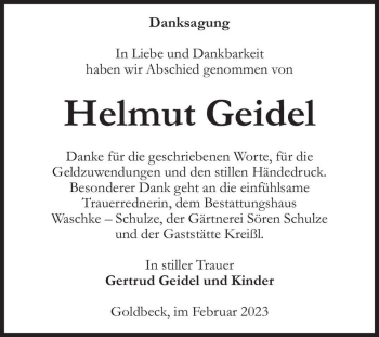 Traueranzeige von Helmut Geidel  von Magdeburger Volksstimme