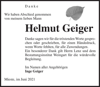 Traueranzeige von Helmut Geiger  von Magdeburger Volksstimme