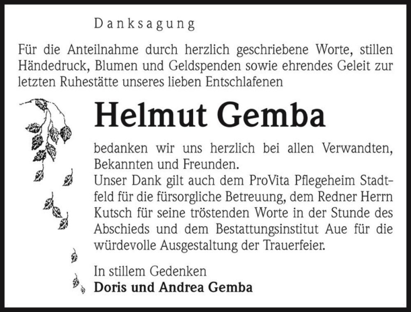  Traueranzeige für Helmut Gemba  vom 11.02.2017 aus Magdeburger Volksstimme