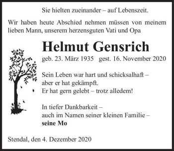 Traueranzeige von Helmut Gensrich  von Magdeburger Volksstimme