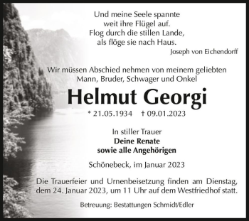 Traueranzeige von Helmut Georgi  von Magdeburger Volksstimme
