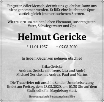 Traueranzeige von Helmut Gericke  von Magdeburger Volksstimme