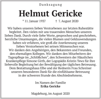 Traueranzeige von Helmut Gericke  von Magdeburger Volksstimme