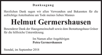 Traueranzeige von Helmut Germershausen  von Magdeburger Volksstimme