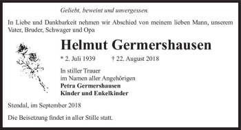 Traueranzeige von Helmut Germershausen  von Magdeburger Volksstimme