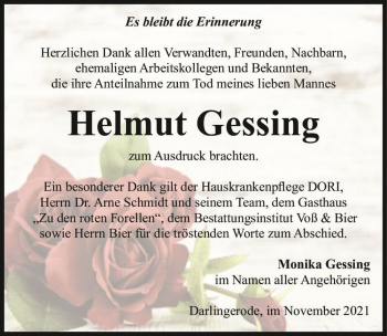 Traueranzeige von Helmut Gessing  von Magdeburger Volksstimme