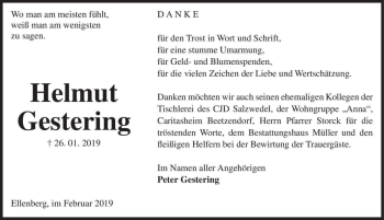 Traueranzeige von Helmut Gestering  von Magdeburger Volksstimme