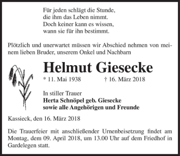 Traueranzeige von Helmut Giesecke  von Magdeburger Volksstimme
