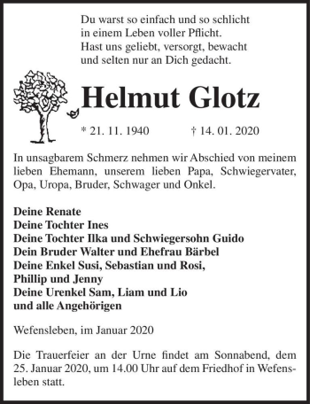 Traueranzeige von Helmut Glotz  von Magdeburger Volksstimme