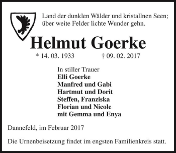 Traueranzeige von Helmut Goerke  von Magdeburger Volksstimme