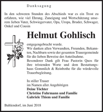 Traueranzeige von Helmut Gohlisch  von Magdeburger Volksstimme