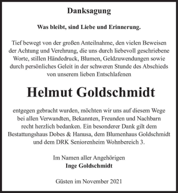 Traueranzeige von Helmut Goldschmidt  von Magdeburger Volksstimme